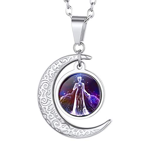 Suplight Collier für Damen Mädchen Horoskop Sternbilder Jungfrau Kette Edelstahl Mondsichel Anhänger Halskette mit Sternzeichen Tierkreis Modeschmuck für Herren Jungen von Suplight