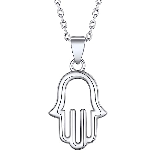 Suplight Damen Silber 925 Kette Hand der Fatima Anhänger Halskette Platiniert Hamsa-Hand eingelegt Muslim Islamische Amulett Gottes Schutz Symbol Modeschmuck mit Rolokette 41+5cm von Suplight