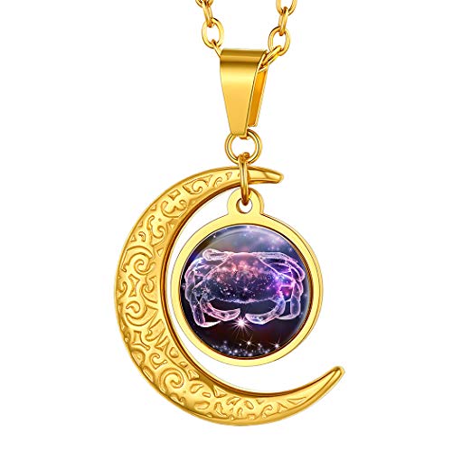 Suplight Damen Collier 18k vergoldet Mondsichel Anhänger mit Sternzeichen Krebs 50+5cm Rolokette Tierkreis Sternbilder Horoskop Modeschmuck Accessoire für Mädchen Jungen von Suplight