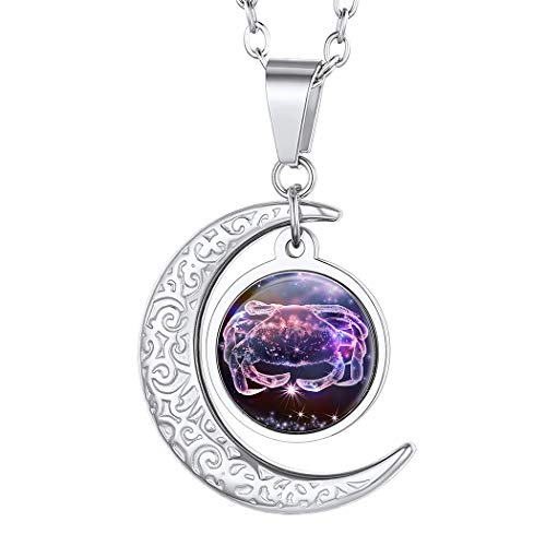 Suplight Damen Collier Edelstahl Mondsichel Anhänger mit Sternzeichen Krebs 50+5cm Rolokette Tierkreis Sternbilder Horoskop Modeschmuck Accessoire für Mädchen Jungen von Suplight
