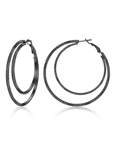 Suplight Creolen Schwarz Damen Statement Ohrringe Edelstahl doppel Creolen 60mm Geometrische Ohrringe Kreis Kreolen Hoop Earrings Ohrpiercing Ohrschmuck Accessoire für Geburtstag Jahrestag von Suplight