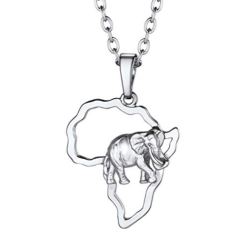 Suplight Damen Herren Afrikanische Kette Afrika Landkarte mit Elefant Anhänger Halskette platiniert mit 50+5cm Rolokette Modeschmuck Geschenk für Geburtstag Weihnachten von Suplight