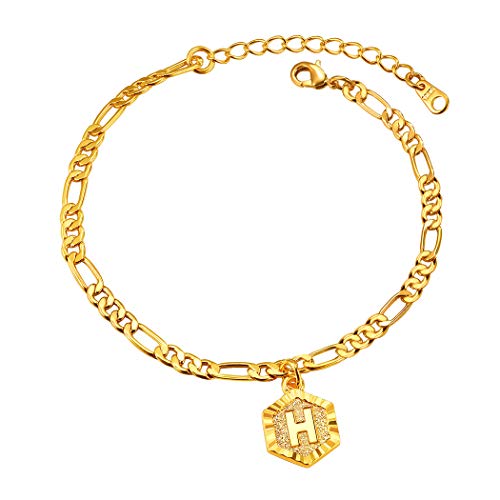 Suplight Damen Herren Buchstabe H Fußkette 18k vergoldet personalisiert Initiale Sechseck Ahänger mit 22+5cm Figarokette Fußarmband Knöchelarmband Modeschmuck für Geburtstag von Suplight