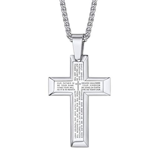 Suplight Damen Herren Kreuz Anhänger Edelstahl Kreuzanhänger mit englischen Vaterunser 56+5cm Weizenkette Gottesdienst Modeschmuck Accessoire für Christen von Suplight