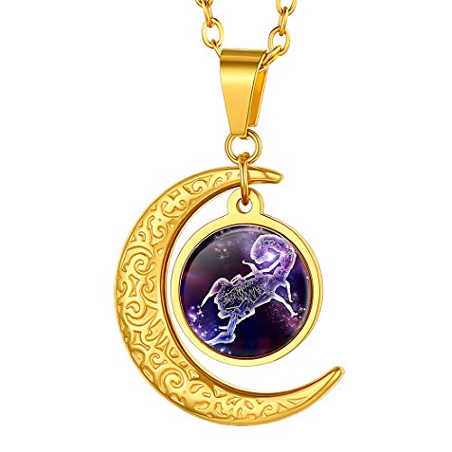 Suplight Damen Herren Mondsichel + Sternzeichen Collier 18k vergoldet Tierkreis Symbol Skorpion Anhänger mit 55cm Rolokette Sternbilder Horoskop Modeschmuck für Geburtstag von Suplight