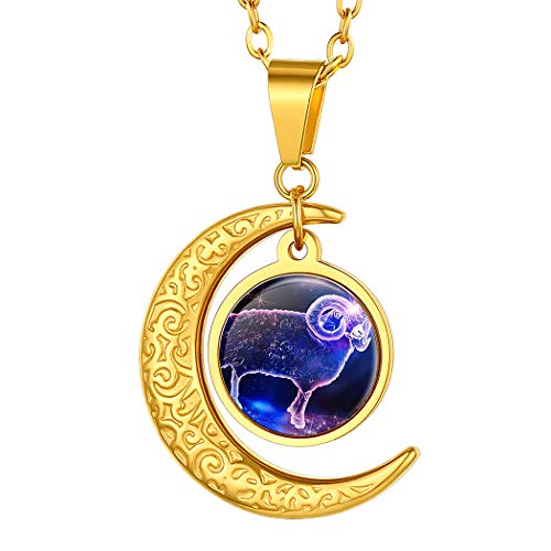Suplight Damen Herren Sternzeichen Widder Kette 18k vergoldet Halbmond Anhänger mit 50+5cm Rolokette Sternbilder Tierkreis Horoskop Halskette Modeschmuck für Geburtstag von Suplight