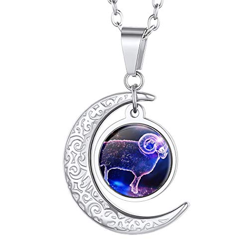 Suplight Damen Herren Sternzeichen Widder Kette Edelstahl Halbmond Anhänger mit 50+5cm Rolokette Sternbilder Tierkreis Horoskop Halskette Modeschmuck für Geburtstag von Suplight