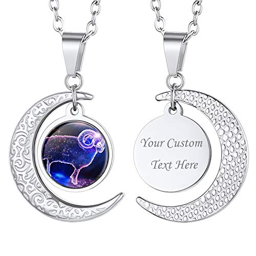 Suplight Damen Herren Sternzeichen Widder Kette Edelstahl personalisiert Halbmond Anhänger mit 50+5cm Rolokette Sternbilder Tierkreis Horoskop Halskette Modeschmuck für Geburtstag von Suplight