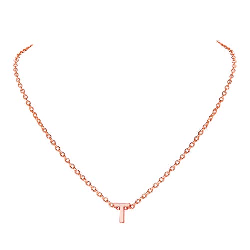 Suplight Damen Initialen Kette Roségold vergoldet 3D Buchstabe Anhänger T mit Rolokette 40+5cm 2mm Simpel Schlüsselbein Halskette Accessoire für Abendkleidung tolles Geschenk von Suplight