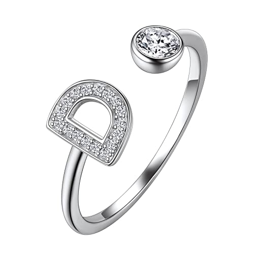 Suplight Damen Offener Ring 925 Sterling Silber Solitärring Diamant Initiale Alphabet Fingerring mit Buchstabe D Geschenk für Frauen Mädchen von Suplight