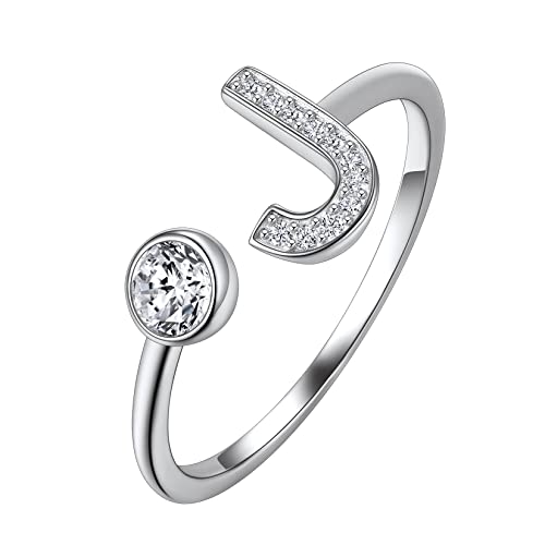 Suplight Damen Offener Ring 925 Sterling Silber Solitärring Diamant Initiale Alphabet Fingerring mit Buchstabe J Geschenk für Frauen Mädchen von Suplight