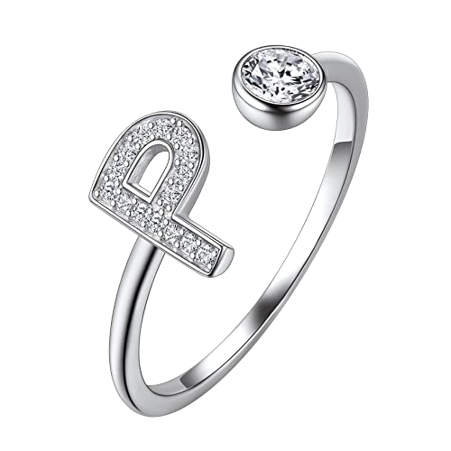 Suplight Damen Offener Ring 925 Sterling Silber Solitärring Diamant Initiale Alphabet Fingerring mit Buchstabe P Geschenk für Frauen Mädchen von Suplight