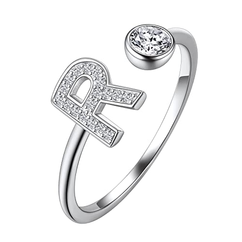 Suplight Damen Offener Ring 925 Sterling Silber Solitärring Diamant Initiale Alphabet Fingerring mit Buchstabe R Geschenk für Frauen Mädchen von Suplight