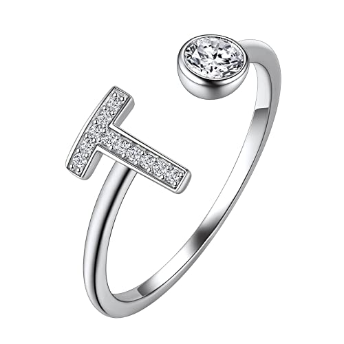 Suplight Damen Offener Ring 925 Sterling Silber Solitärring Diamant Initiale Alphabet Fingerring mit Buchstabe T Geschenk für Frauen Mädchen von Suplight