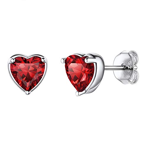 Suplight Damen Ohrringe Herzform Silber 925 Ohrstecker mit Geburtsstein von Januar roter Zirkonia klassische Ohr Piercing Granate Ohrschmuck Kristall Accessoire für Mädchen von Suplight