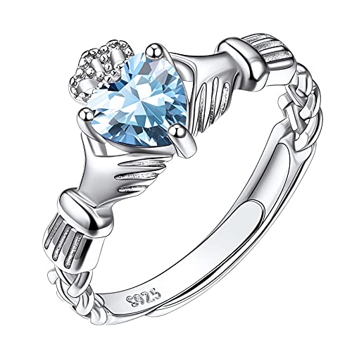 Suplight Damen Ring 925 Sterling Silber Verstellbarer Solitärring mit Geburtsstein März Mondsteinringe Synthetischer Aquamarin Zirkonia Ring Geschenk für Mädchen Frauen von Suplight