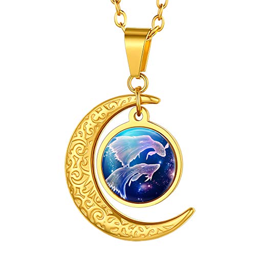 Suplight Damen Sternzeichen Fische Kette 18k vergoldet Mondsichel Anhänger mit 50+5cm Rolokette Tierkreis Sternbilder Halskette Horoskop Modeschmuck für Mädchen Jungen von Suplight