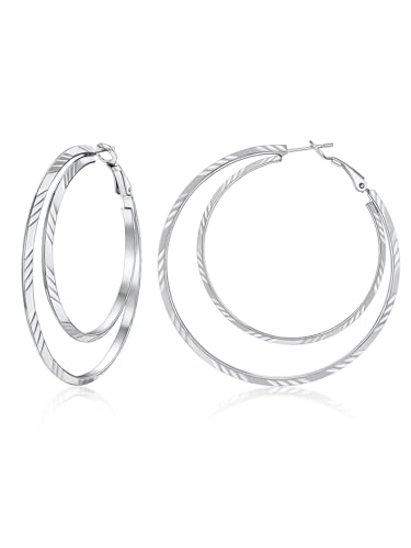 Suplight Doppel Creolen 60mm groß Ohrringe für Damen Mädchen Edelstahl Geometrische Kreolen Hoop Earrings Silber Ohr Piercing Modeschmuck Accessoire für Party Weihnachten von Suplight