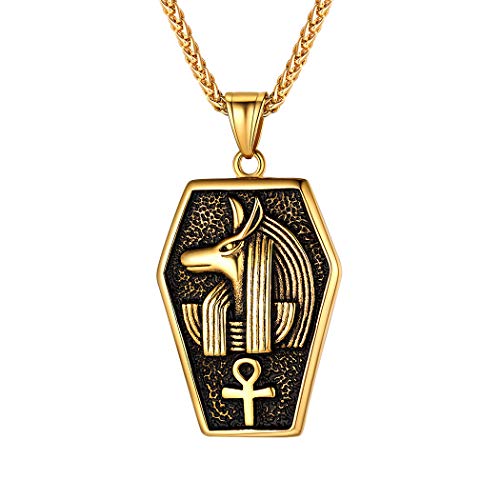 Suplight ägyptischer Gott Kette Ägypter Totengott Anubis & Ankh Anhänger mit 56cm Weizenkette 18k vergoldet Amulett Kette Modeschmuck für Damen Herren Unisex von Suplight