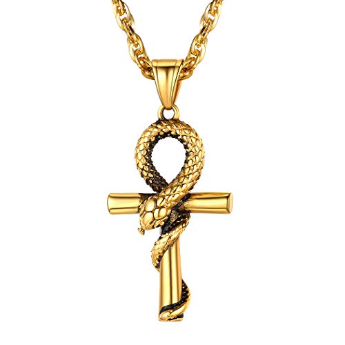 Suplight antiken Ägypten Schmuck für Männer Jungen 18k vergoldet Ankh Kreuz Anhänger mit Schlangen 56+5cm Singapurkette Amulette Kette für Geburtstag von Suplight