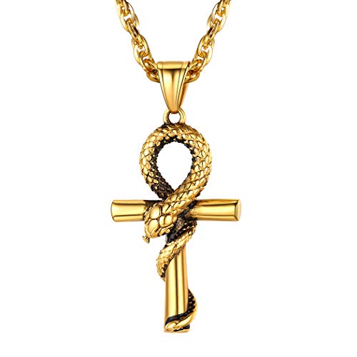 Suplight antiken Ägypten Schmuck für Männer Jungen 18k vergoldet Ankh Kreuz Anhänger mit Schlangen 56+5cm Singapurkette Amulette Kette für Geburtstag von Suplight