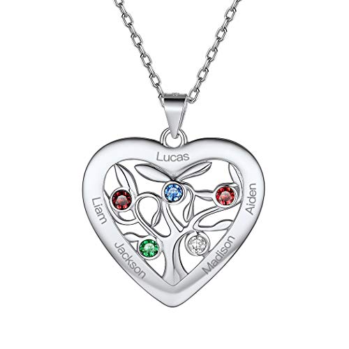Suplight Familienkette mit Namen Gravur Sterling Silber 925 Baum des Lebens Kette mit Geburtsstein personalisiert Herzanhänger + 46cm Kette Freundschaft Parterschaft BFF Geschenk von Suplight