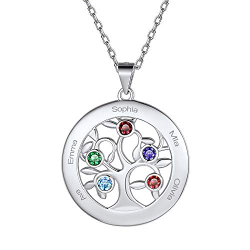 Suplight Familienkette mit Namen Gravur Sterling Silber 925 Baum des Lebens Kette mit Geburtsstein personalisiert Runde Anhänger + 46cm Kette Freundschaft Parterschaft BFF Geschenk von Suplight
