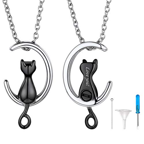 Suplight Halbmond Anhänger Halskette personalisiert Katze Mond Andenken Urne mit 46+5cm Rolokette schwarz Edelstahl Damen Herren Erinnerung Modeschmuck für Kremation Asche von Suplight