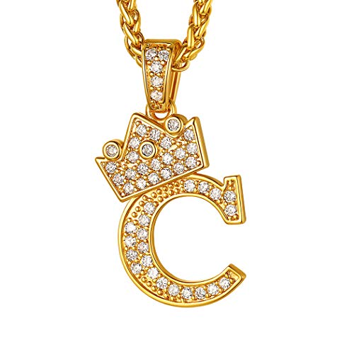 Suplight Herren Buchstabe C Halskette Iced-Out CZ Krone Anhänger mit 56+5cm Weizenkette 18k vergoldet Hip Hop Rapper Modeschmuck Accessoire für Jungen von Suplight