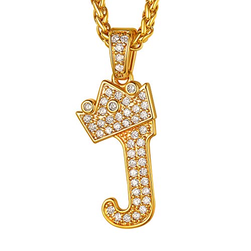 Suplight Herren Buchstabe J Halskette Iced-Out CZ Krone Anhänger mit 56+5cm Weizenkette 18k vergoldet Hip Hop Rapper Modeschmuck Accessoire für Jungen von Suplight