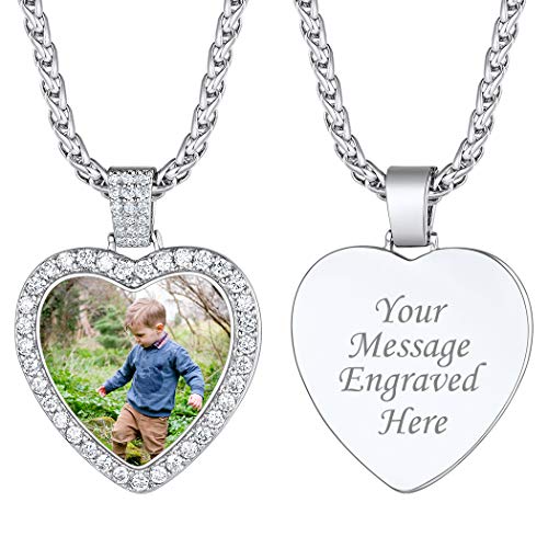 Suplight Herren Damen personalisierte Fotokette platiniert Funkelnde Zirkonia Herz Anhänger Halskette 56+5cm Weizenkette Modeschmuck Accessoire für Ehefrau Ehemann von Suplight