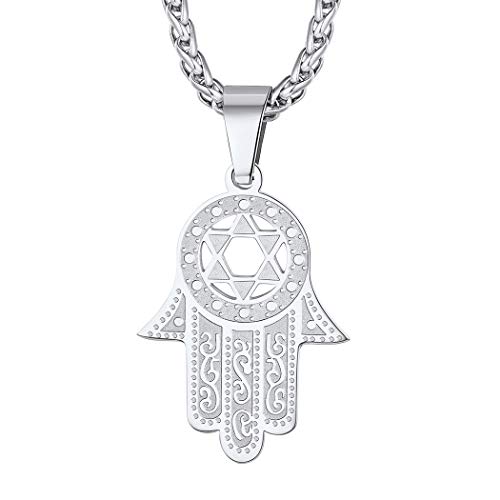 Suplight Herren Halskette Edelstahl Hand der Fatima Anhänger mit Weizenkette 50+5cm Hamsa-Hand Muslim Islamische Amulett Gottes Schutz Symbol Modeschmuck für Geburtstag Weihnachten von Suplight