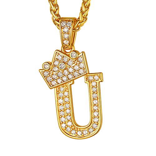 Suplight Herren Initiale Kette 18k vergoldet Weizenkette mit Iced-Out Buchstabe U Krone Anhänger Bling Bling CZ Hiphop Rapper Modeschmuck Accessoire von Suplight