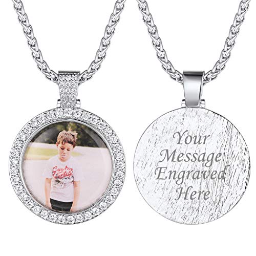 Suplight Herren personalisiert Fotokette Funkelnde Zirkonia Runde Anhänger Halskette 76+5cm platiniert Foto Anhänger Weizenkette Modeschmuck für Weihnachten Valentinstag von Suplight