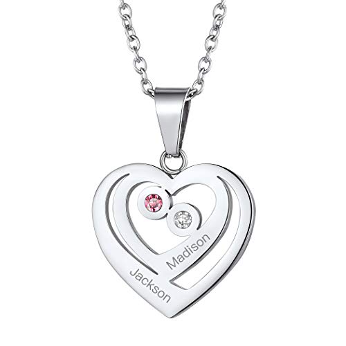 Suplight Herzkette Edelstahl Damen Mädchen personalisiert Anhänger mit Doppel Herzen Liebespaar Kette Namen Gravur Namenskette + Geburtsstein einzigartiges Geschenk für Jahrestag Valentinstag von Suplight