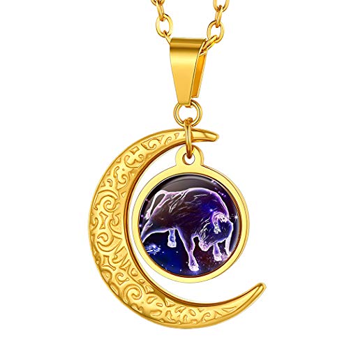 Suplight Horoskop Collier Sternzeichen Stier Kette 18k vergoldet Mondsichel Anhänger Halskette 50+5cm lang Rolokette mit Sternbilder Tierkreis Modeschmuck für Damen Herren von Suplight