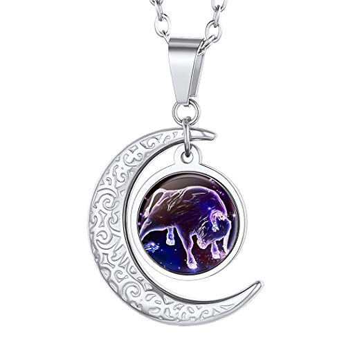 Suplight Horoskop Collier Sternzeichen Stier Kette Edelstahl Mondsichel Anhänger Halskette 50+5cm lang Rolokette mit Sternbilder Tierkreis Modeschmuck für Damen Herren von Suplight