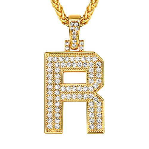 Suplight Iced-Out Buchstabe R Kette Herren 18k vergoldet Initiale Anhänger Halskette 3mm/56+5cm Weizenkette Hiphop Modeschmuck Accessoire für Rapper Biker von Suplight