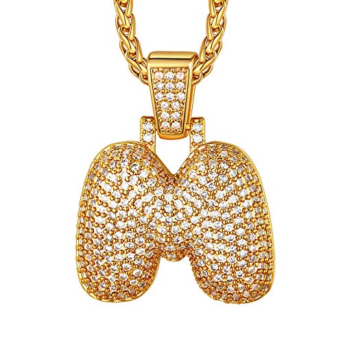 Suplight Iced-Out Initiale M Kette für Männer Jungen 18k vergoldet Schaumblase Design Buchstabe Anhänger Halskette 3mm/56+5cm Weizenkette Hiphop Modeschmuck Accessoire für Rapper Biker von Suplight