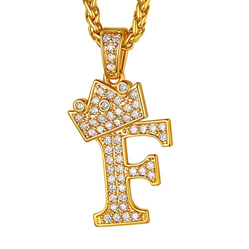 Suplight Iced-Out Kette für Männer Jungen 18k vergoldet Buchstabe F + Krone Anhänger Halskette 3mm/56+5cm Weizenkette Hiphop Modeschmuck Accessoire für Rapper Biker von Suplight