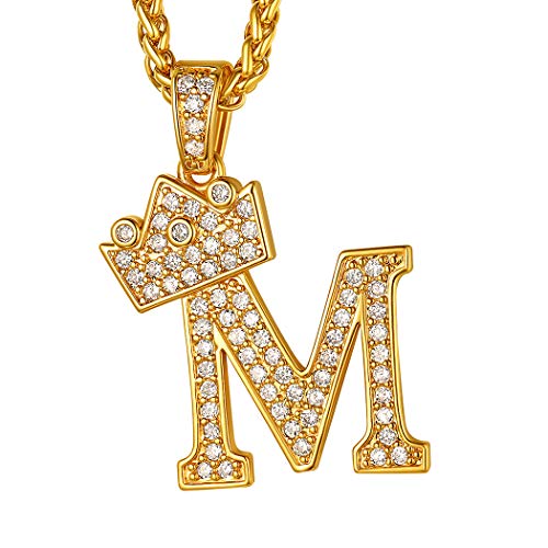 Suplight Iced-Out Kette für Männer Jungen 18k vergoldet Buchstabe M + Krone Anhänger Halskette 3mm/56+5cm Weizenkette Hiphop Modeschmuck Accessoire für Rapper Biker von Suplight
