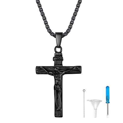 Suplight Kreuz Form Urne Kette schwarz Edelstahl Herren INRI Kruzifix Andenken Asche Anhänger Halskette 55cm Weizenkette Memorial Kremation Modeschmuck von Suplight