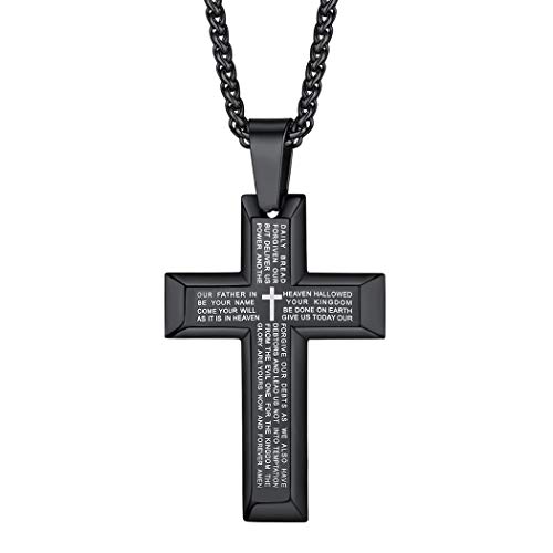 Suplight Kreuz Kette Herren Anhänger mit 55cm Weizenkette schwarz Edelstahl Kreuzanhänger mit englischen Version Vaterunser Inschrift Modeschmuck für Gottesdienst von Suplight
