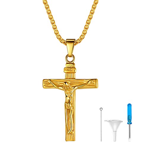 Suplight Memorial Asche Urne Kette Herren 18k vergoldet Gedenk INRI Kruzifix Anhänger mit 50cm Kette Kreuz Erinnerung Kremation an Haustier Modeschmuck von Suplight