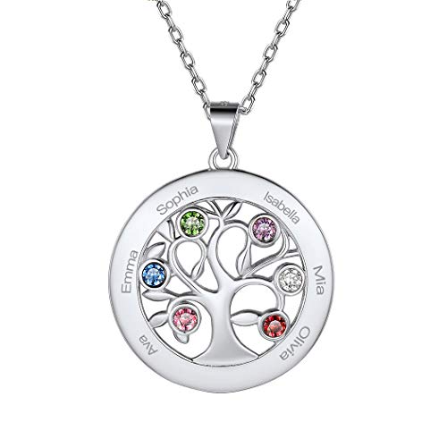 Suplight Namenskette mit Geburtsstein Souvenir für BFF Damen Mädchen 925 Sterlingsilber personalisiert Baum des Lebens Runde Anhänger Halskette Namen Gravur Geschenk für Familienglied Freunden von Suplight