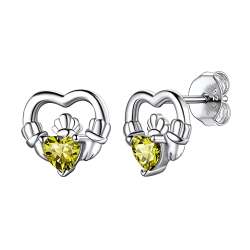 Suplight Ohrringe für Damen S925 Sterling Silber Nickelfrei Mondstein Ohrstecker Herzförmige Zirkon Irischer Claddagh Earrings mit Geburtsstein August Synthetischer Peridot von Suplight