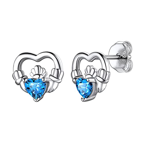 Suplight Ohrringe für Damen S925 Sterling Silber Nickelfrei Mondstein Ohrstecker Herzförmige Zirkon Irischer Claddagh Earrings mit Geburtsstein Dezember Synthetischer blauer Topas von Suplight
