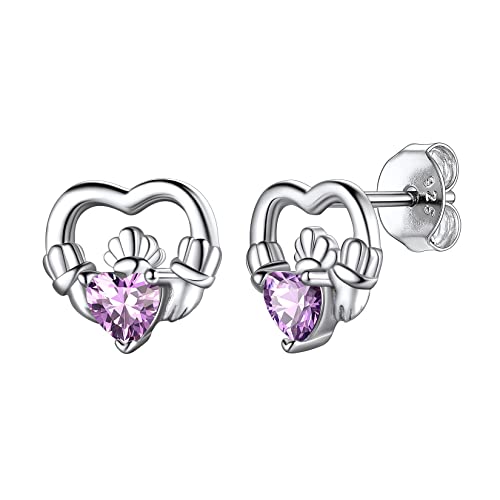 Suplight Ohrringe für Damen S925 Sterling Silber Nickelfrei Mondstein Ohrstecker Herzförmige Zirkon Irischer Claddagh Earrings mit Geburtsstein Juni Synthetischer Alexandrit von Suplight