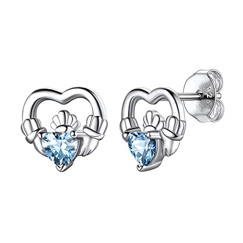 Suplight Ohrringe für Damen S925 Sterling Silber Nickelfrei Mondstein Ohrstecker Herzförmige Zirkon Irischer Claddagh Earrings mit Geburtsstein März Synthetischer Aquamarin von Suplight