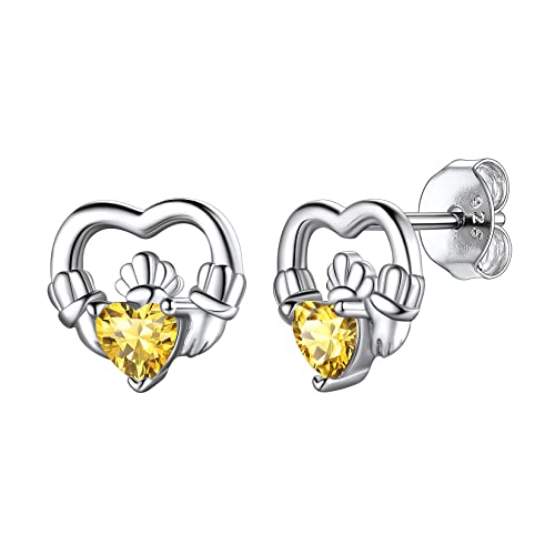 Suplight Ohrringe für Damen S925 Sterling Silber Nickelfrei Mondstein Ohrstecker Herzförmige Zirkon Irischer Claddagh Earrings mit Geburtsstein November Synthetischer gelber Topas von Suplight